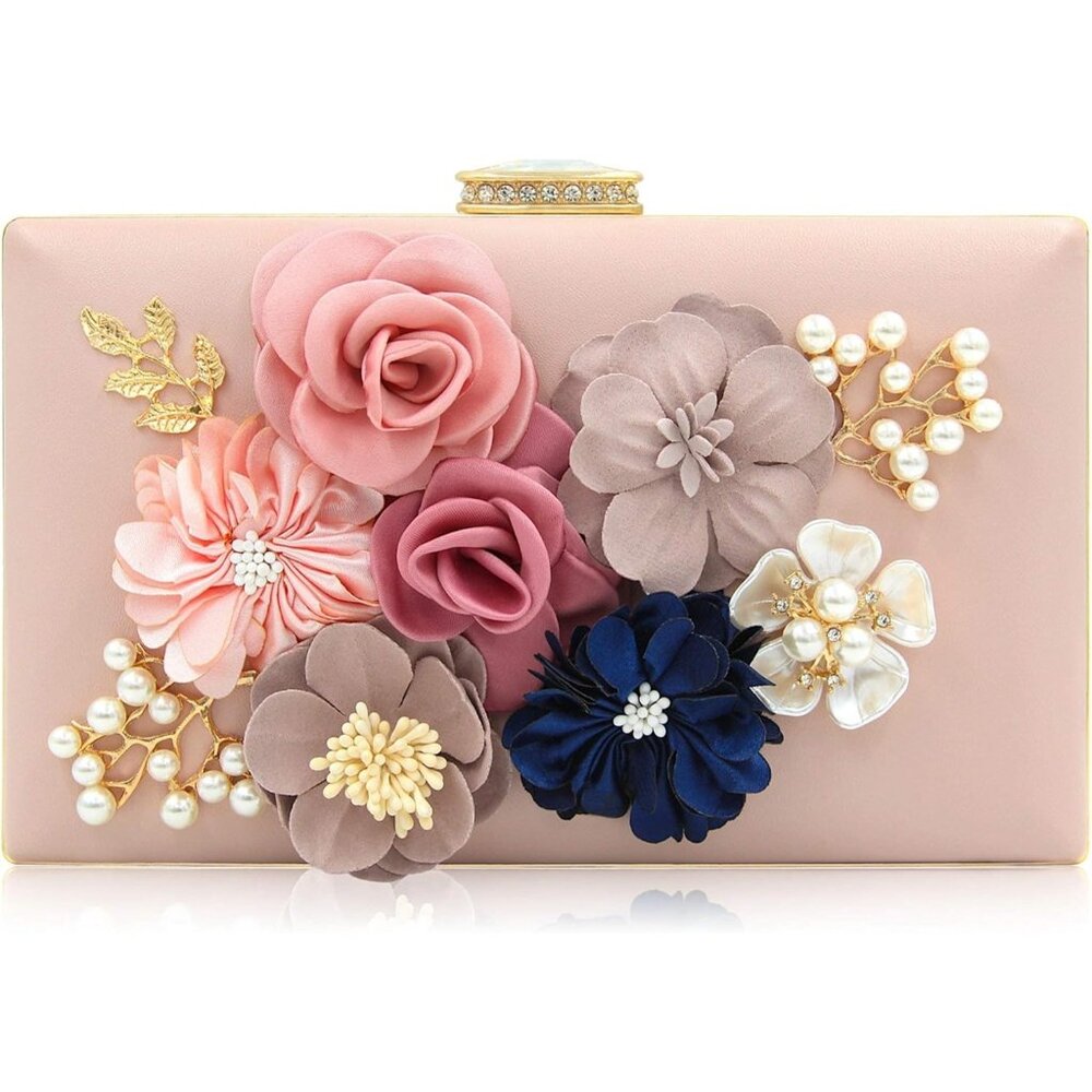 Women's Light Pink Flower Metal Leaves Evening Bride Wedding Floral Clutch Bag
